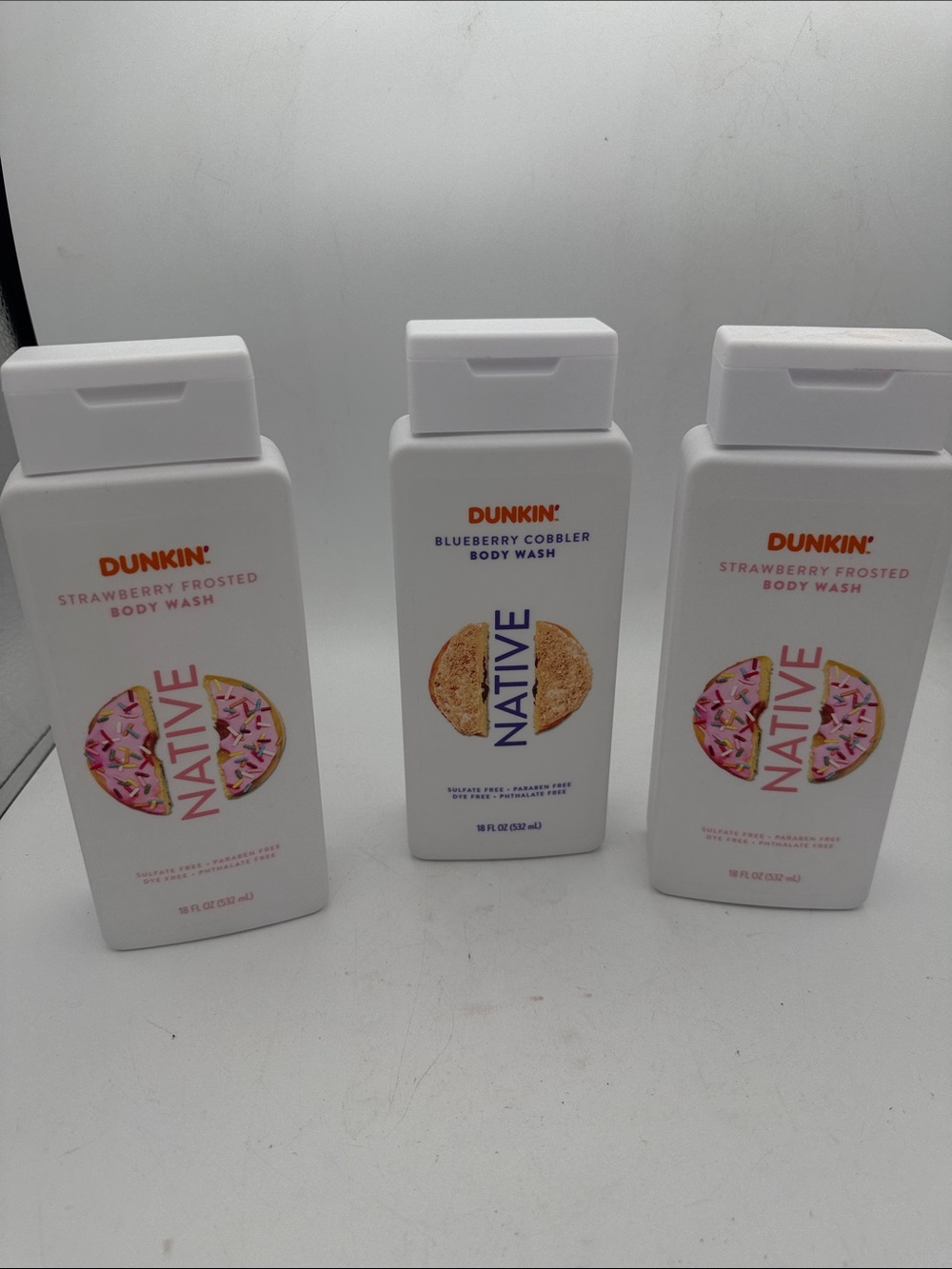 3 Native Dunkin Limited Edition strawberry Frosted & Blueberry Cobbler body wash